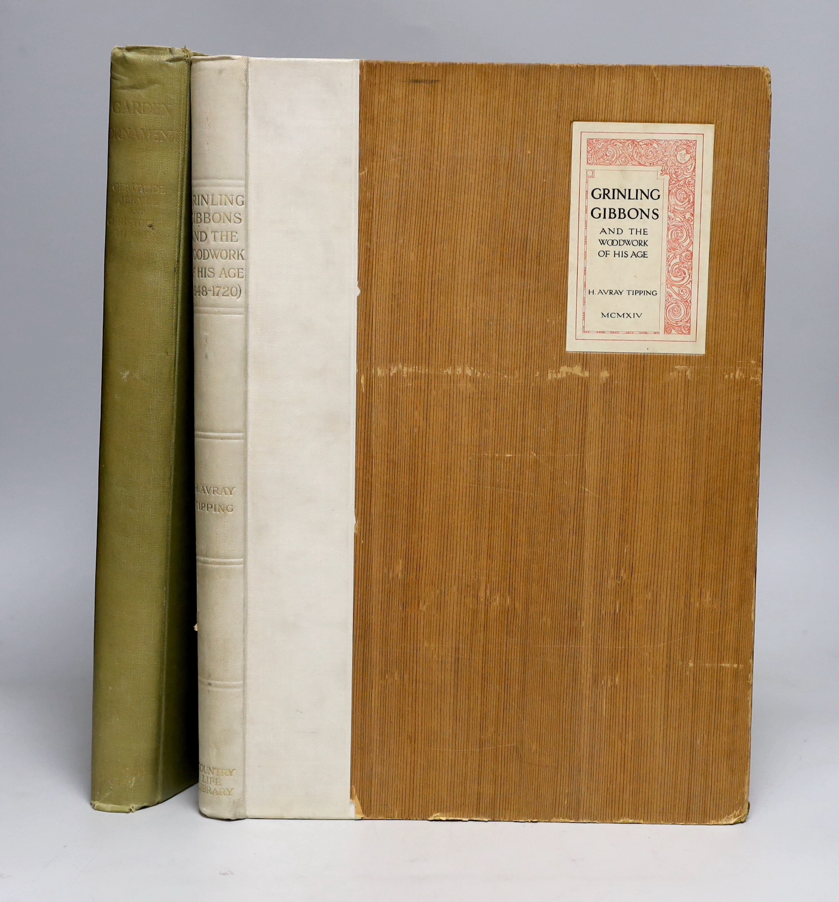 Jekyll, G and Hussey, C - Garden Ornament, second edition, original cloth, 1927 and Tipping, H.A – Grinling Gibbons, original cloth-backed boards, 1914, (2)